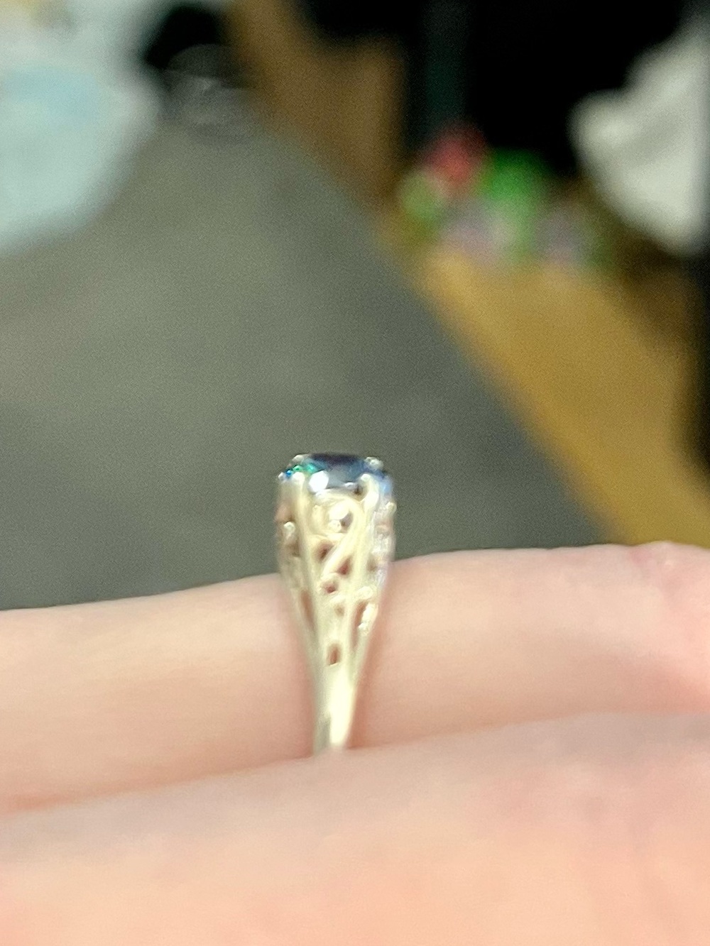 5mm Filigree Blue Moissanite Ring 925 Silver size 7.5 - Picture 4 of 8
